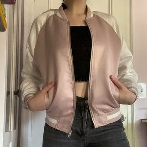NWOT Satin Feel Pink and White Bomber Jacket!